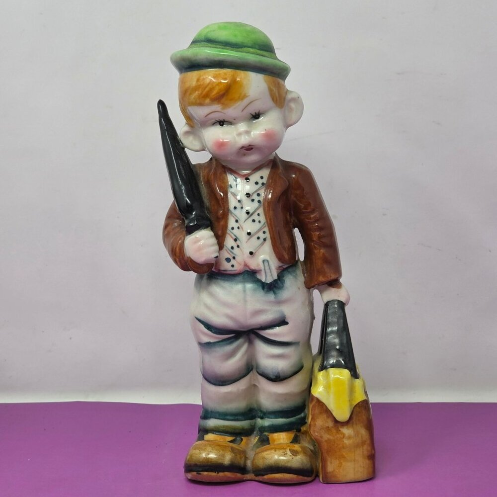 Vintage Ceramic Figurine Boy Umbrella & Bag Hand-Painted Collectible Home Decor